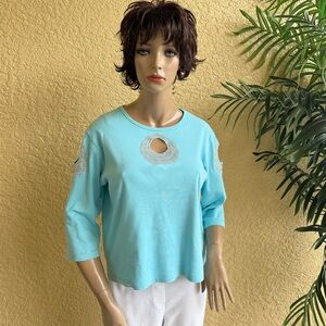 LANIE brand light turquoise embellished jersey top